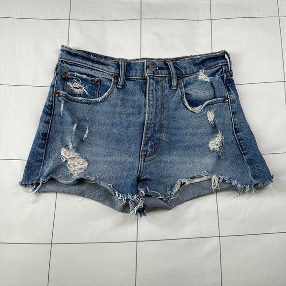Abercrombie & Fitch Shorts Womens 26 Blue Mom High Rise Distressed Denim Cut Off - Picture 1 of 11